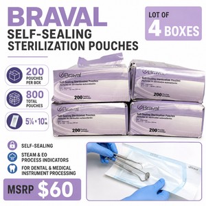 MSRP $60 Lot of 4 Braval Self-Sealing Sterilization Pouch Boxes  800 Total 5�  10-In. Pouches  Steam and EO Process Indicators for Dental and Medical Instruments