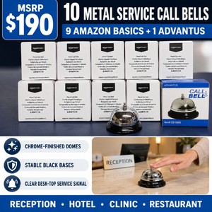 MSRP $190 Lot of 10 Metal Service Call Bells  9 Amazon Basics and 1 Advantus  Chrome-Finished Domes With Stable Black Bases for Reception, Hotels, Clinics and Restaurants