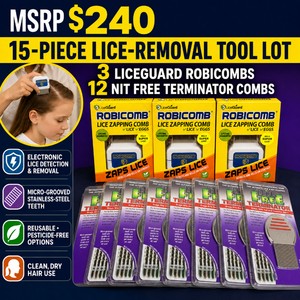 MSRP $240 New 15-Piece Lice-Removal Tool Lot With 3 LiceGuard RobiComb Electronic Lice-Zapping Combs and 12 Nit Free Terminator Stainless-Steel Combs  Reusable, Pesticide-Free Options