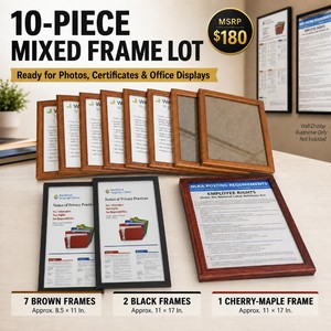 MSRP $180 Lot of 10 Mixed Picture and Document Frames  7 Brown Approx. 8.5  11 In., 2 Black and 1 Cherry-Maple Approx. 11  17 In.  Ideal for Photos, Certificates and Office Displays
