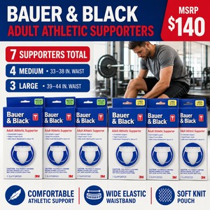 MSRP $140 Lot of 7 Bauer & Black Adult Athletic Supporters  4 Medium, 3338-In. Waist and 3 Large, 3944-In. Waist  Wide Elastic Waistbands and Soft Knit Pouches