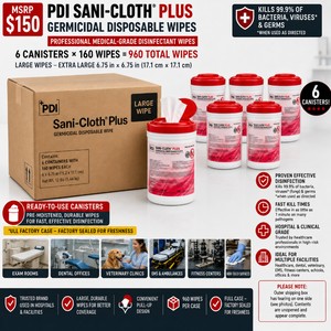 MSRP $150 Case of 6 PDI Sani-Cloth Plus Germicidal Disposable Wipe Canisters  960 Large Wipes Total, 160 Per Canister  Medical-Grade Disinfection for Hard, Nonporous Surfaces