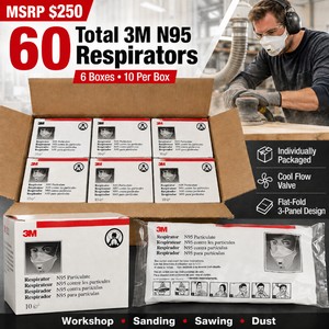 MSRP $250 Lot of 60 3M N95 Particulate Respirators  6 Boxes of 10 Individually Packaged Masks  Cool Flow Valve and Flat-Fold 3-Panel Design for Sanding, Sawing and Dust