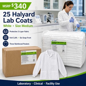 MSRP $340 Case of 25 Halyard Universal Precautions Medium White Lab Coats  Protective 3-Layer Fabric with Knit Cuffs, Six-Snap Front and Three Reinforced Pockets