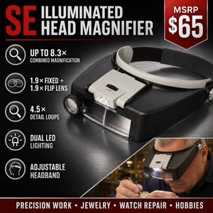 MSRP $65 SE Illuminated Dual-Lens Head Magnifier  Up to 8.3 Combined Magnification, Dual LED Lighting and Adjustable Headband for Jewelry, Watch Repair and Precision Work