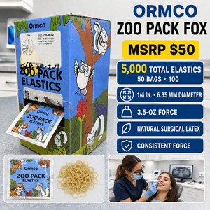 MSRP $50 Ormco Zoo Pack Fox Orthodontic Elastics  5,000 Total Natural Surgical-Latex Elastics in 50 Bags of 100  14-In. Diameter, 3.5-Oz Consistent Force