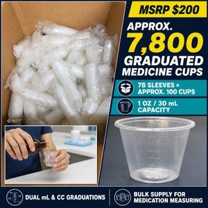MSRP $200 Bulk Lot of Approximately 7,800 Translucent Graduated Medicine Cups  78 Sleeves of Approximately 100 Cups  1-Oz.30-mL Capacity With mL and CC Markings