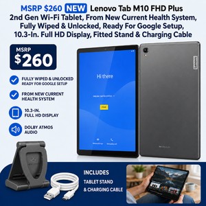 MSRP $260 Preowned Lenovo Tab M10 FHD Plus 2nd Gen Wi-Fi Tablet  Fully Wiped, Unlocked, Tested & Ready for Google Setup  10.3-In. Full HD Display, Fitted Stand & Charging Cable