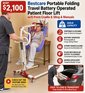 MSRP $1800 Bestcare Portable Folding Travel Battery Operated Patient Floor Lift w6 Point Cradle, Sling &amp Manuals 400lb Cap Plugs Into A Regular Outlet To Charge Works Excellent Check Out The Youtube Video For More On This Amazing Power Lift&nbsp