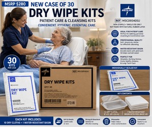 MSRP $280 NEW Case Of 30 Medline Dry Wipe Patient Care Kits, 300 Total 8 x 8 Dry Cloths  30 Water-Resistant Disposable Basins, Individually Sealed Single-Use Cleansing &amp Bathing Kits For Home Health, Hospice, Nursing &amp Long-Term Care