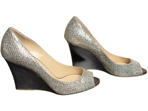 Jimmy Choo London Gold & Silver Glitter Peep Toe Wedge Heels Size 37.5 Made in Italy
