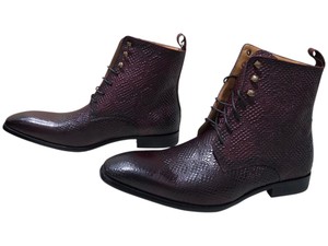 Renaissance Mens Burgundy Snakeskin-Textured Leather Lace-Up Ankle Boots Size 44