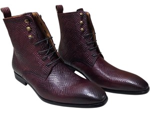Renaissance Mens Burgundy Snakeskin-Textured Lace-Up Ankle Boots Size 42  9