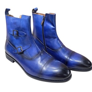 Renaissance Mens Blue Leather Double Monk Strap Ankle Boots Size 44  11