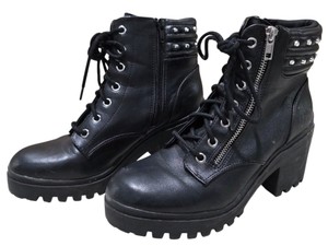 NOBO Womens Black Lace-Up Combat Ankle Boots Size 8 Studded Chunky Heel Side Zip