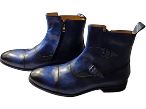 Renaissance Mens Blue Leather Double Monk Strap Ankle Boots  Size 43  DL341-1