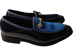 Mens Navy Blue Velvet and Patent Leather Loafers Gold-Tone Hardware  Size 39