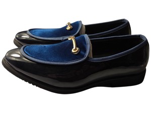 Mens Navy Blue Velvet and Patent Leather Loafers Gold-Tone Hardware  Size 41