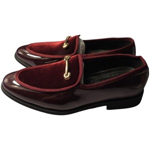 Mens Burgundy Patent & Velvet Horsebit Loafers Size 39 Gold-Tone Hardware