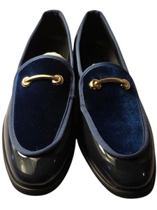 Mens Navy Blue Patent & Velvet Horsebit Loafers Size 40 Gold-Tone Hardware