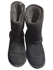 BEARPAW Womens Black Suede Mid-Calf Boots Braided Strap Faux Fur Lined Size 6