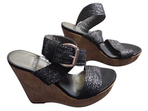 Stuart Weitzman Womens Black Braided Woven Leather Cork Wedge Slide Sandals