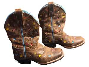 Dan Post Kids Brown Leather Western Cowboy Boots Colorful Star Cutouts Size 13.5 D