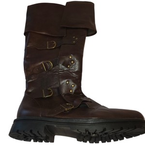Womens Dark Brown Leather-Look Fold Over Mid-Calf Boots Triple Buckle Straps Lug Soles
