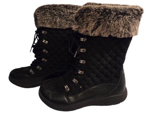 Womens Size 7 Black Quilted Mid-Calf Winter Boots Faux Fur Cuff Lace-Up