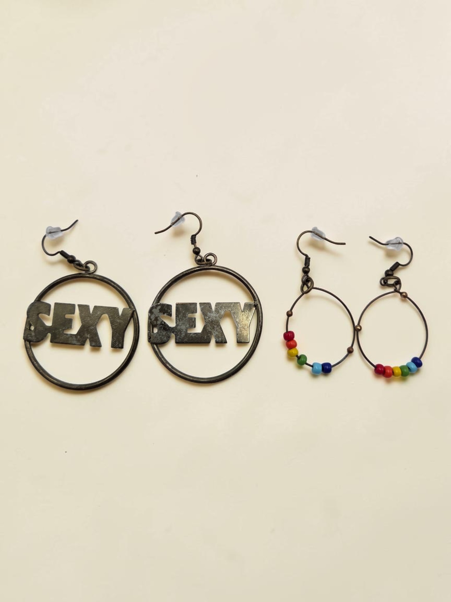 2 Pairs Costume Hoop Earrings  SEXY Word Design & Rainbow Beads