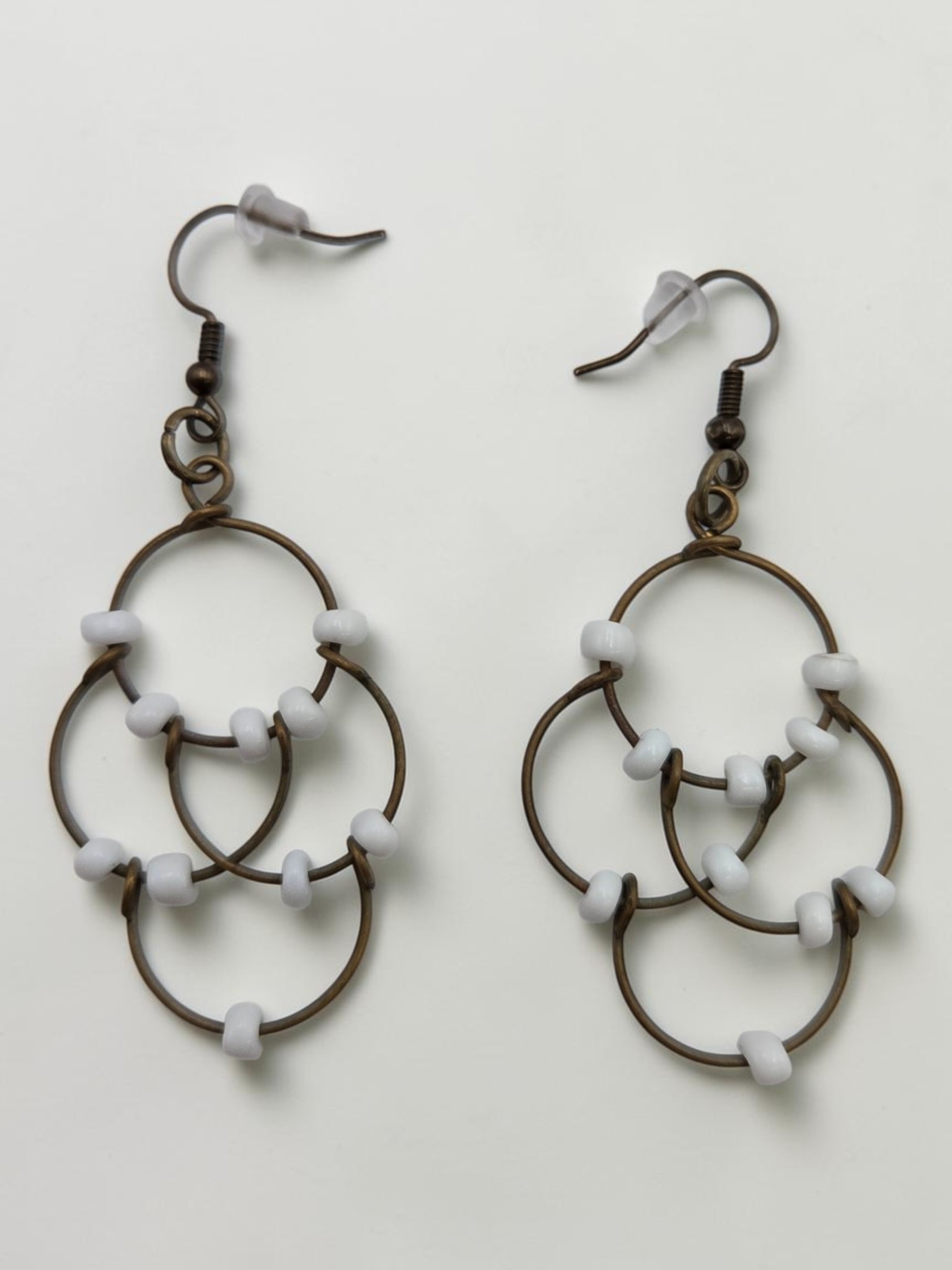 Handmade Bronze-Tone Linked Circle Drop Earrings with White Beads  1 Pair