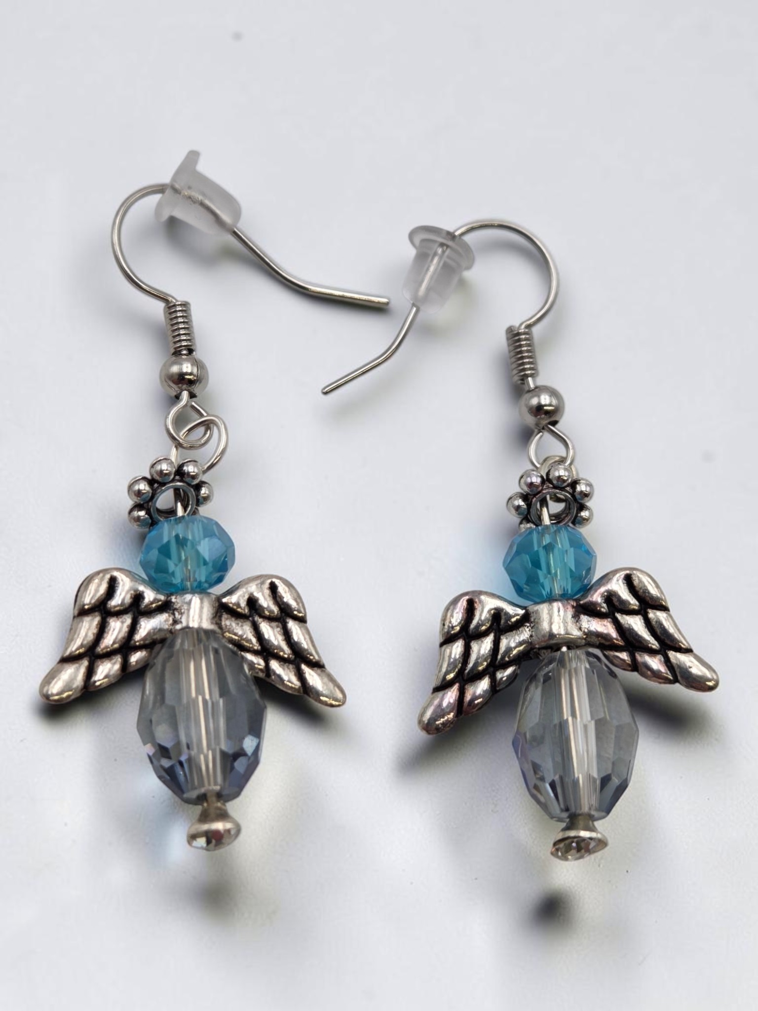 Handmade Silver-Tone Angel Wing Dangle Earrings with Blue & Clear Faceted Beads  1 Pair
