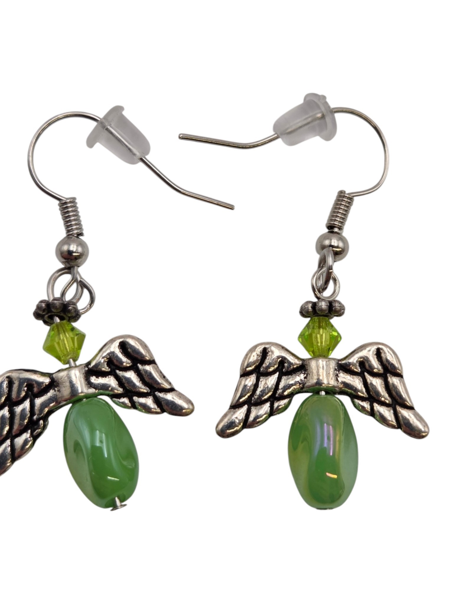 Handmade Silver-Tone Angel Wing Dangle Earrings with Green Beads  1 Pair