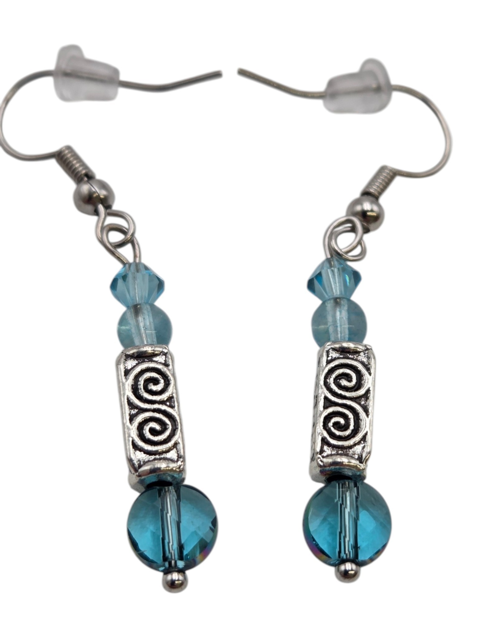 Silver-Tone Blue Beaded Spiral Dangle Earrings  1 Pair