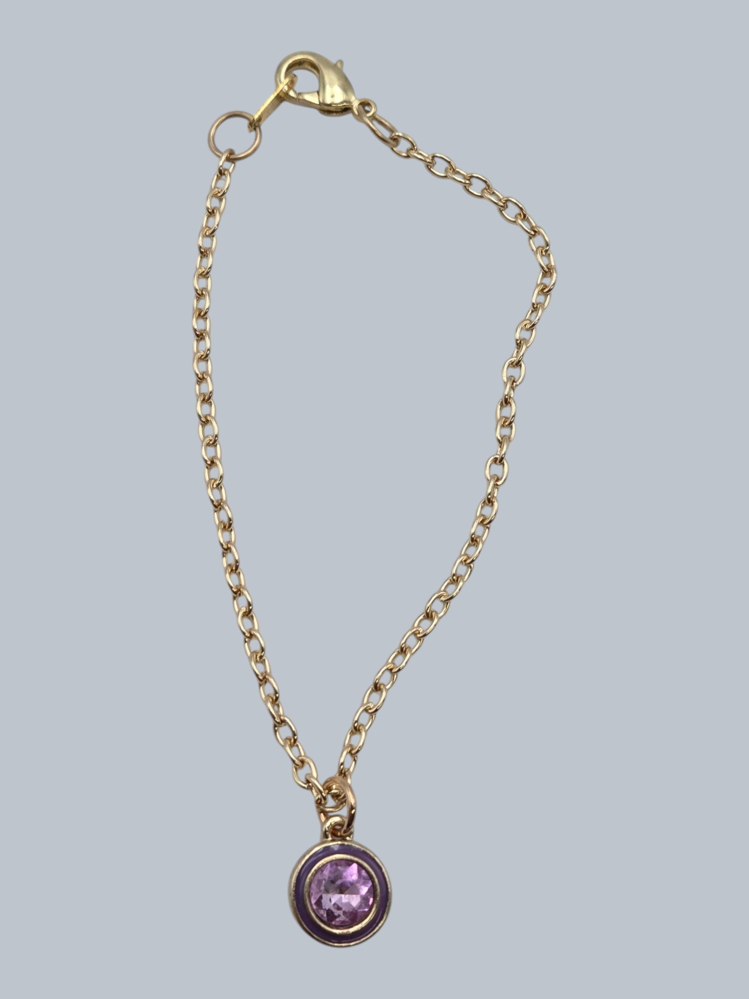 Gold-Tone Chain Bracelet with Purple Rhinestone Pendant & Lobster Clasp
