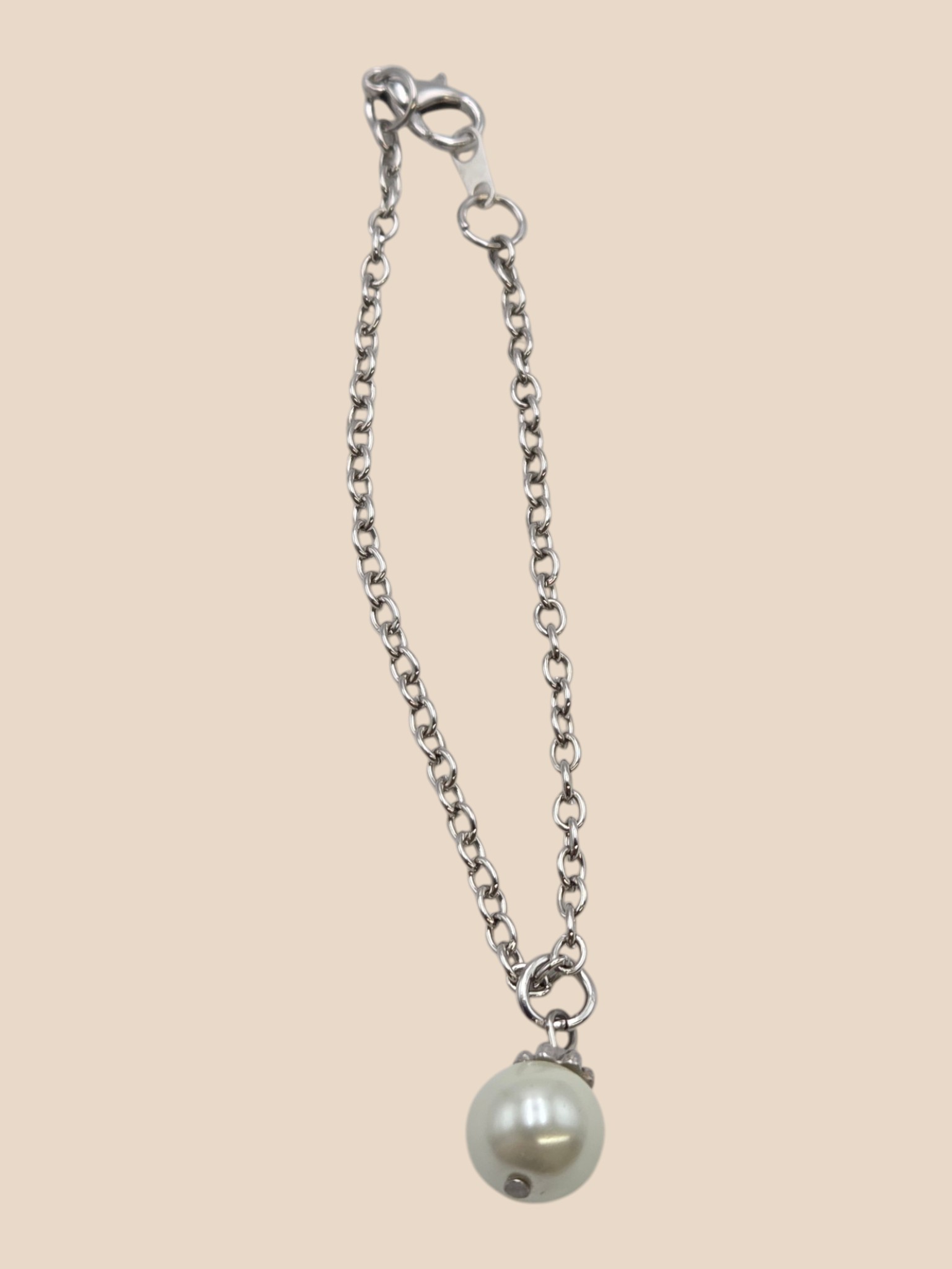 Silver-Tone Chain Bracelet with Faux Pearl Dangle Charm