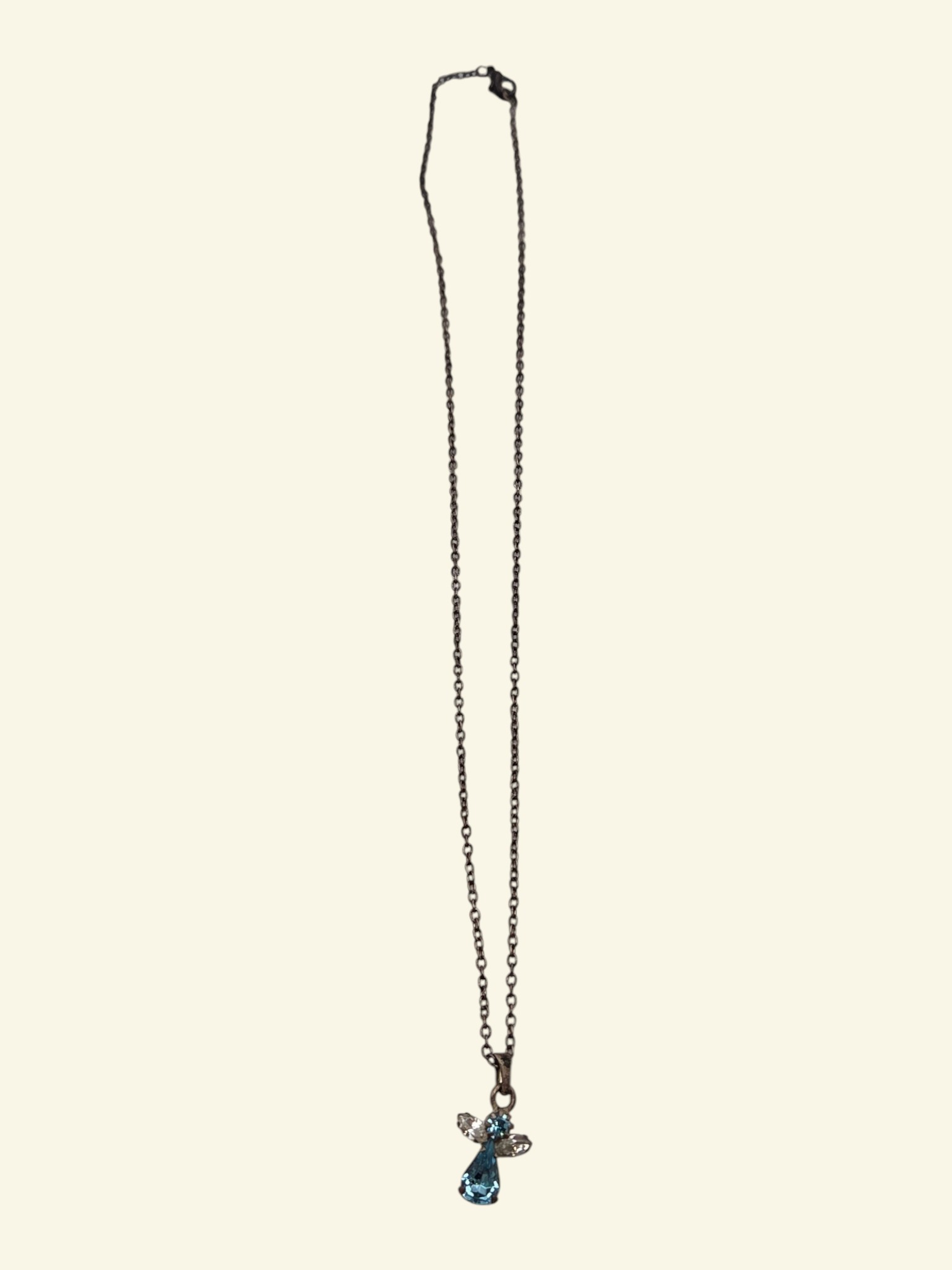 Blue Crystal Angel Pendant Necklace with Dark-Tone Chain