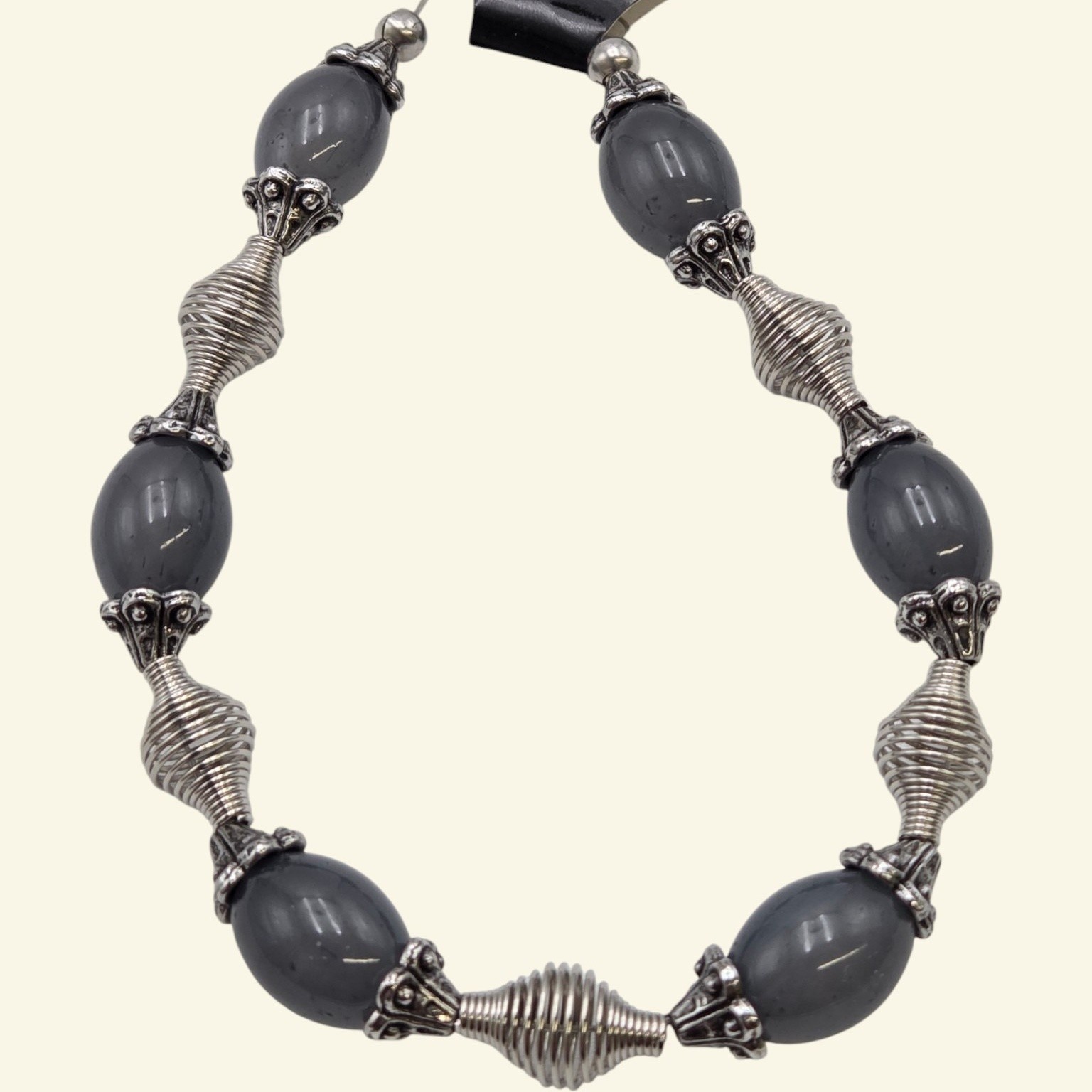Gray Beaded Anklet with Silver-Tone Accent Beads & Anchor Charms