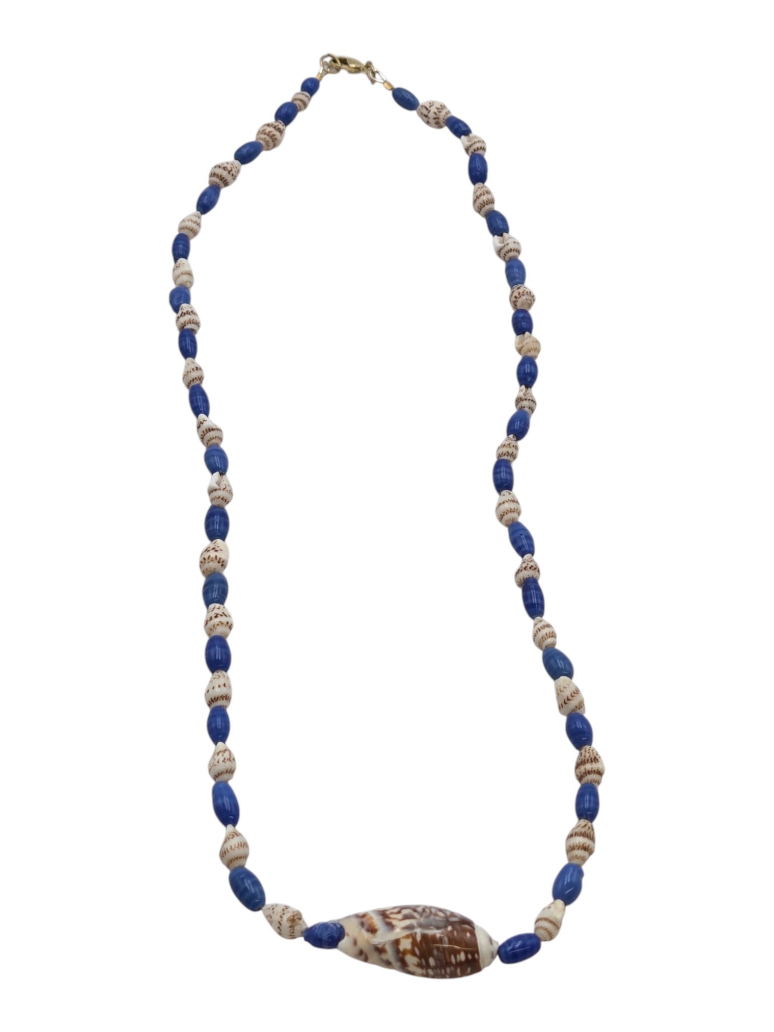 Blue Bead & Seashell Necklace with Large Shell Centerpiece