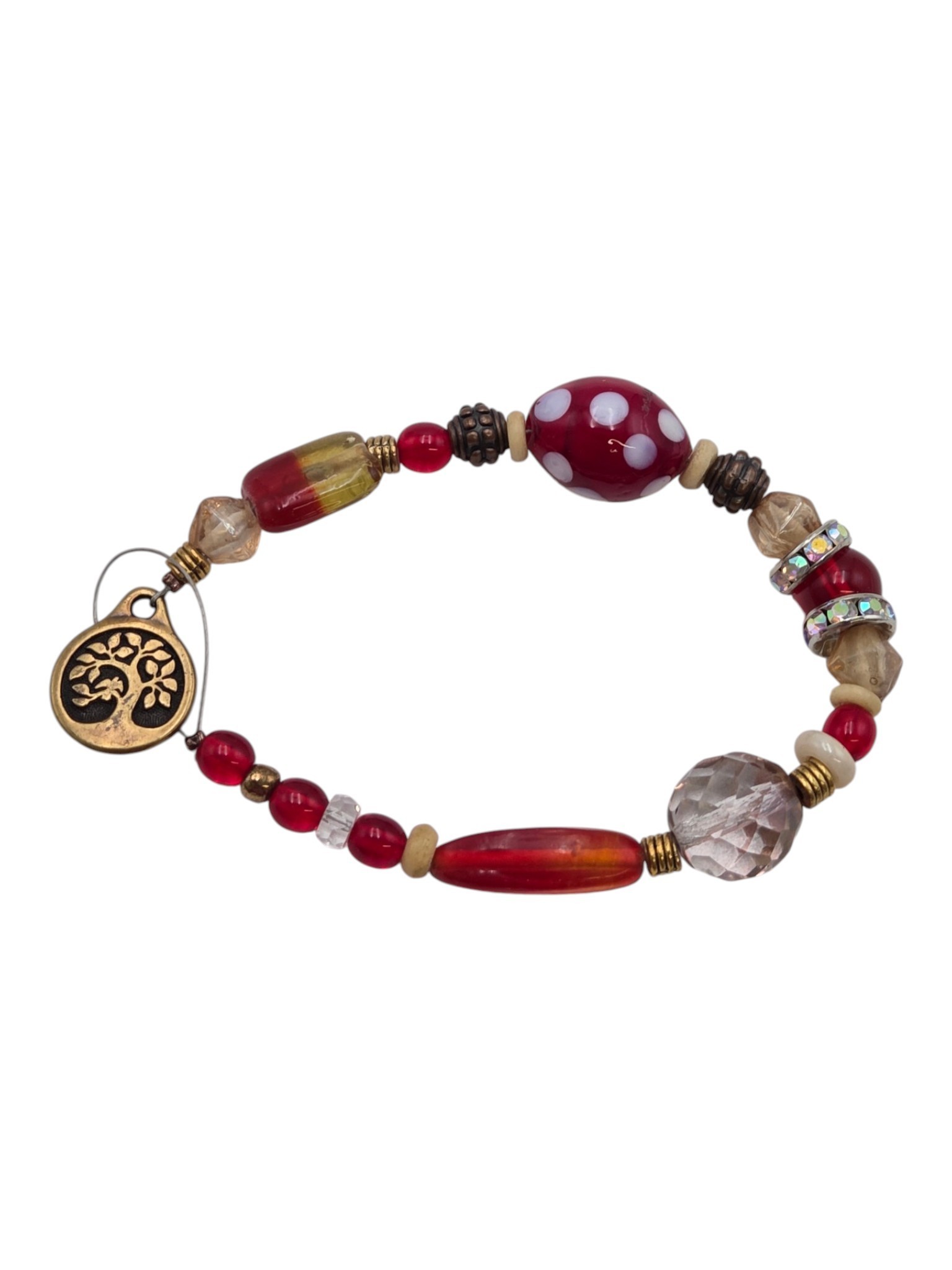 Red Beaded Bracelet with Tree of Life Charm & Rhinestone Spacers