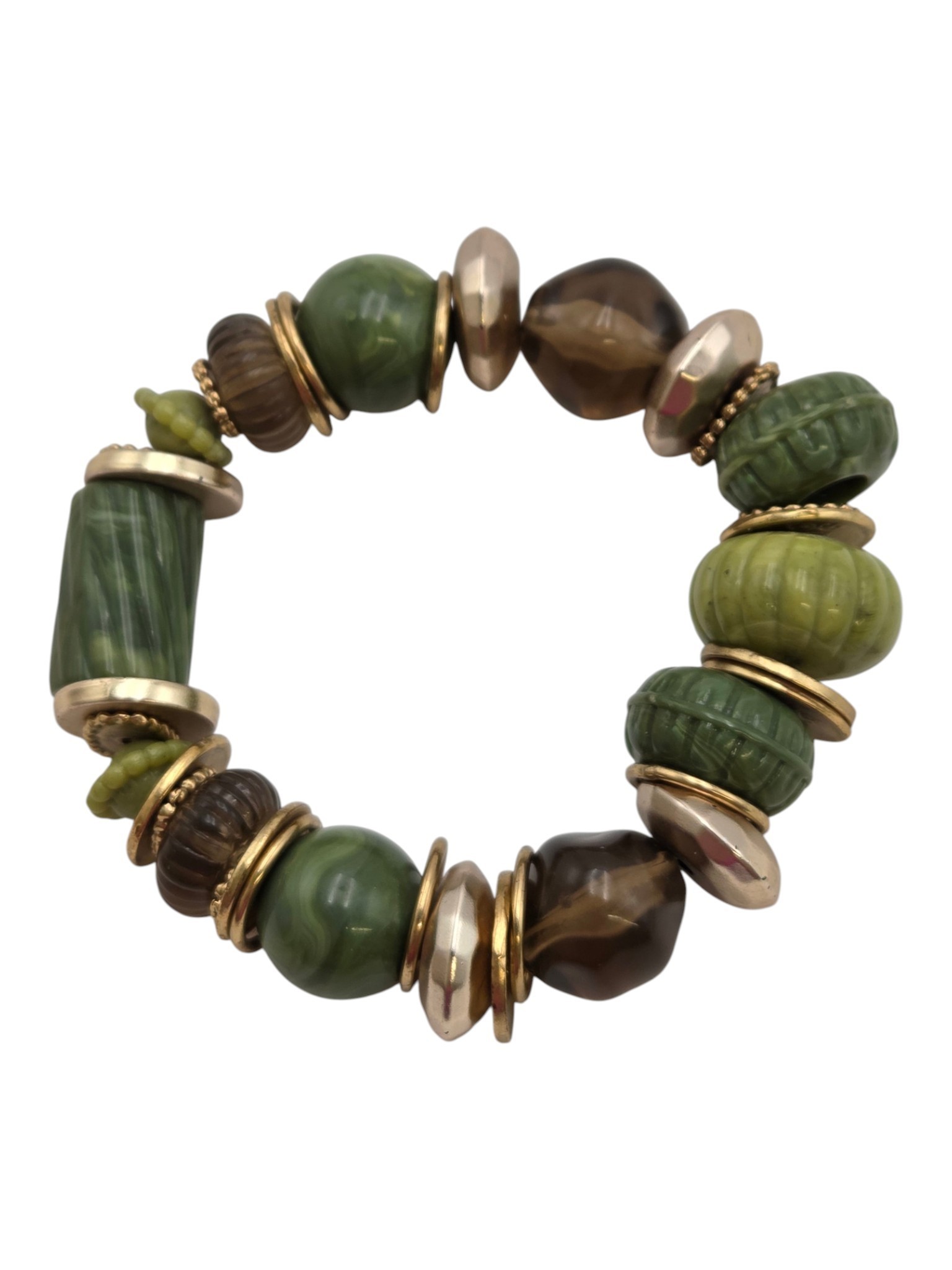 Chunky Green & Brown Beaded Stretch Bracelet  Gold-Tone Spacer Accents