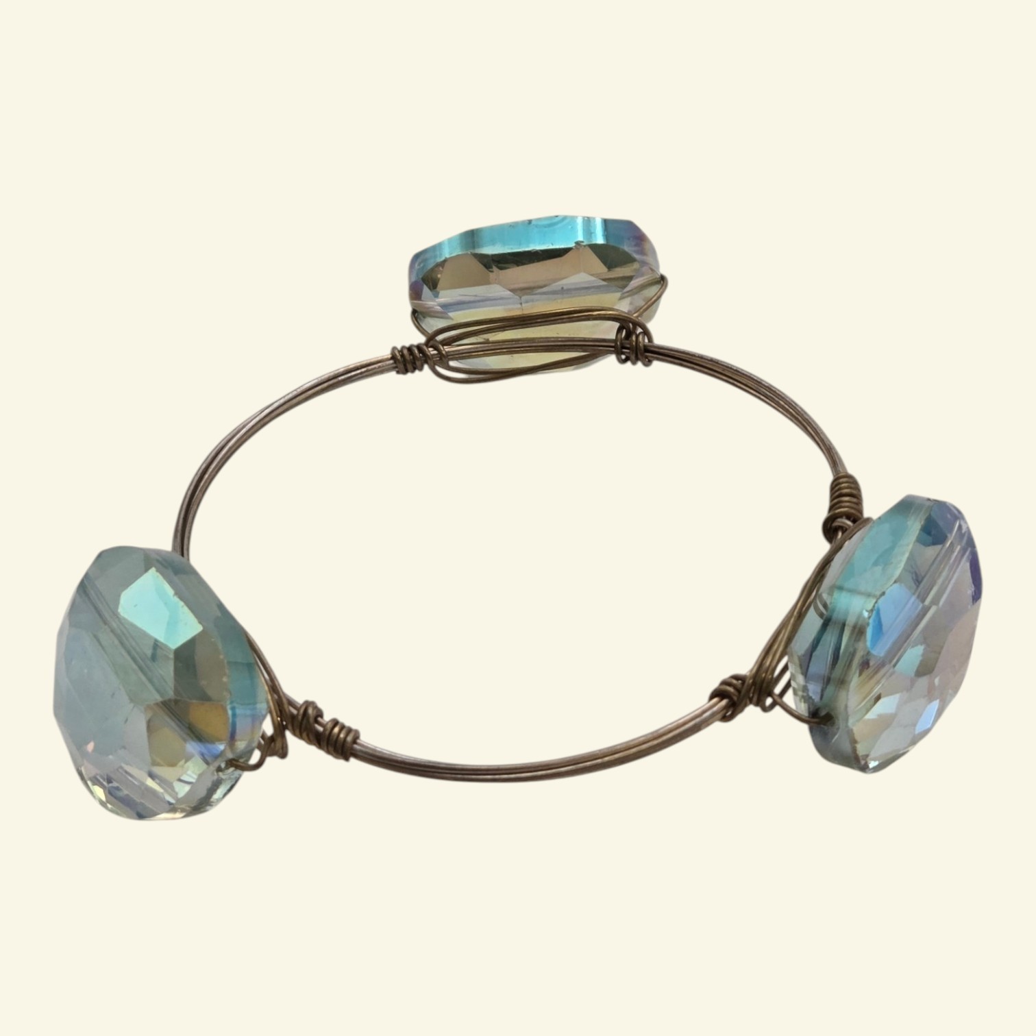 Blue Iridescent Faceted Stone Wire Bangle Bracelet  Bronze-Tone