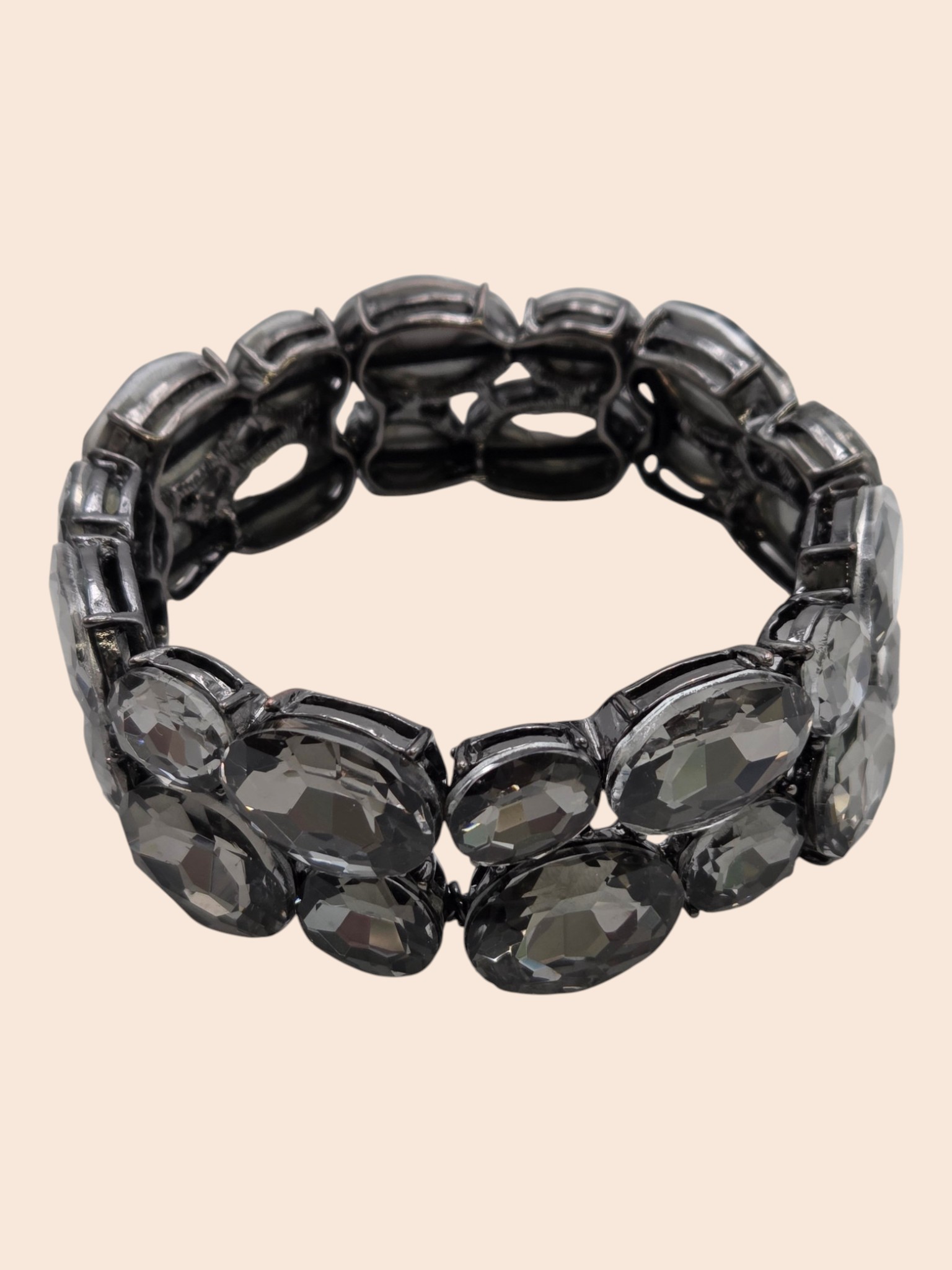 Smoky Gray Faceted Rhinestone Stretch Statement Bracelet  Gunmetal-Tone