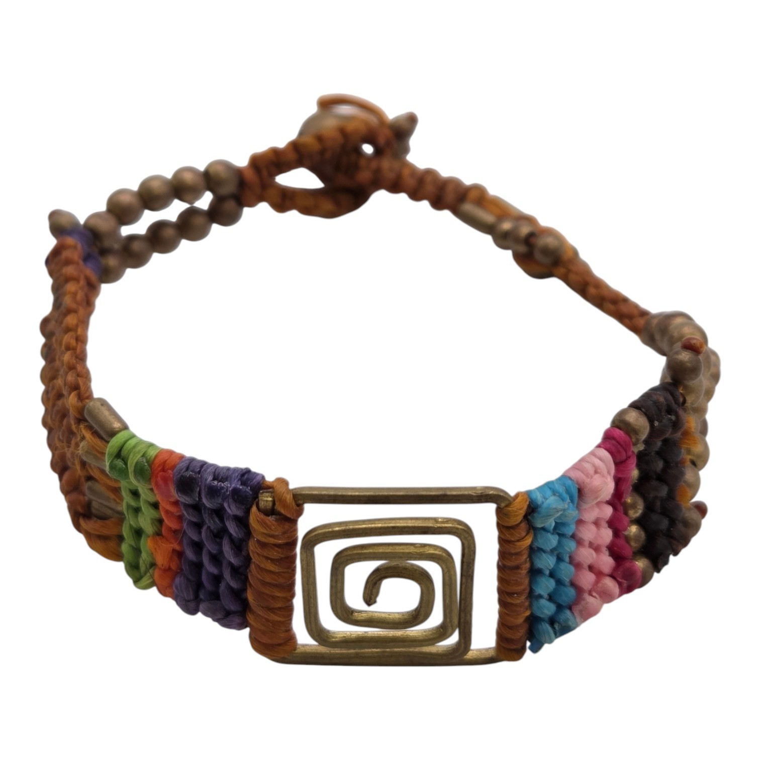 Boho Multicolor Woven Beaded Bracelet  Bronze-Tone Geometric Spiral & Bell Closure