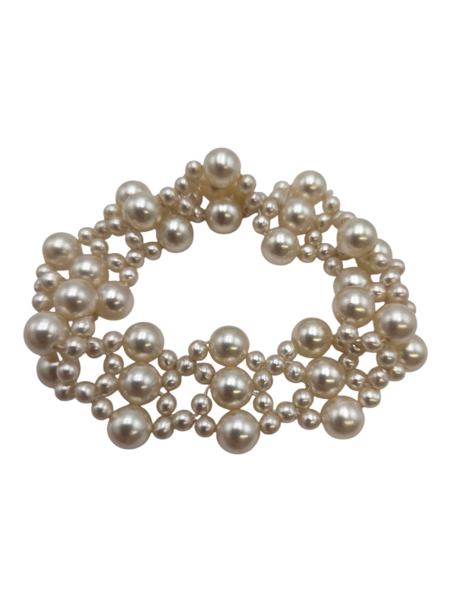 White Faux Pearl Lattice Stretch Cuff Bracelet  Assorted-Size Beads