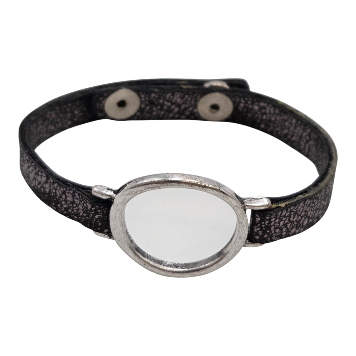 Black Leather-Look Snap Bracelet with Silver-Tone Oval Frame  Missing Center Insert
