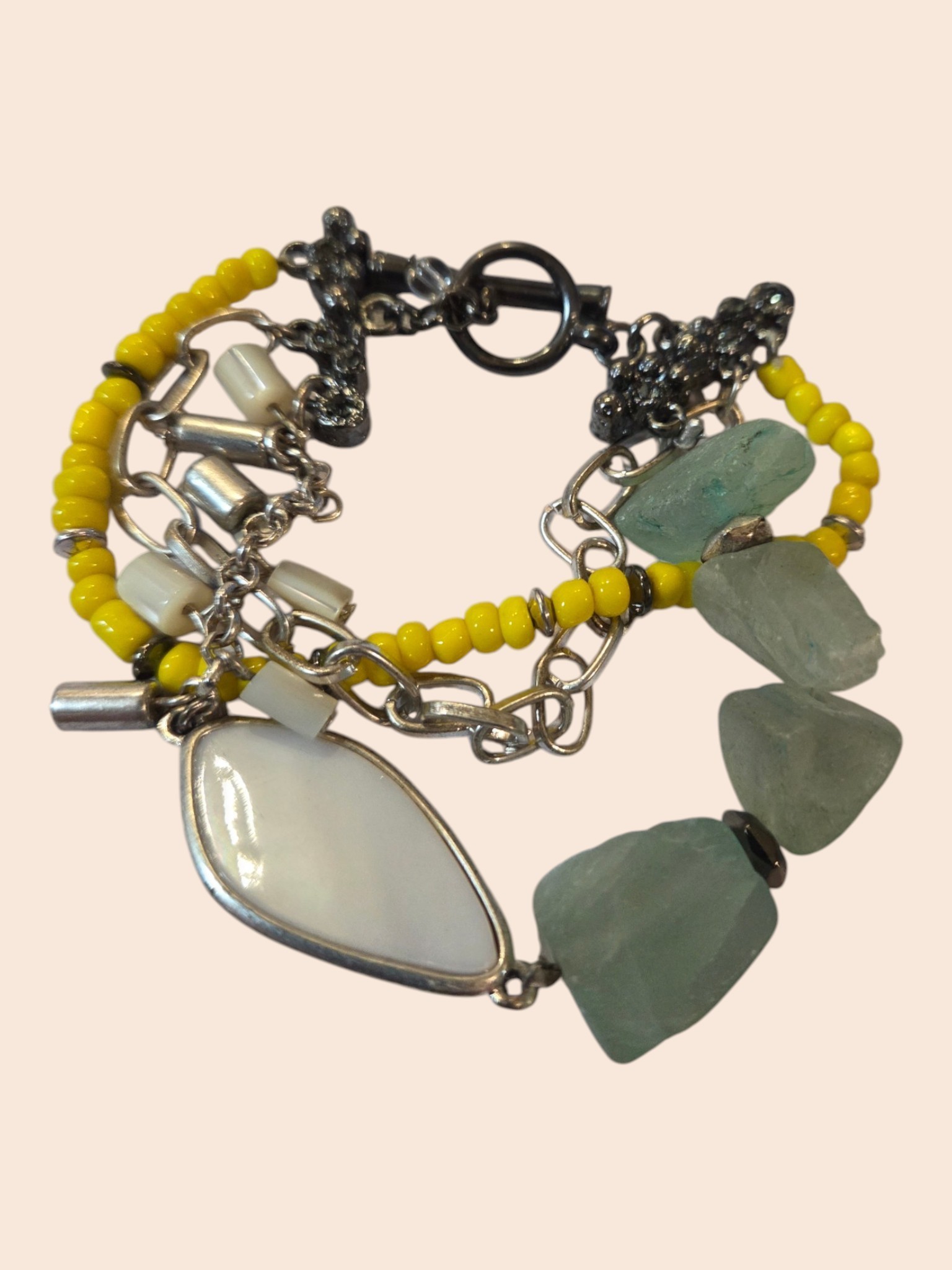 Multistrand Yellow Seed Bead & Aqua Stone Charm Bracelet  Silver-Tone Toggle