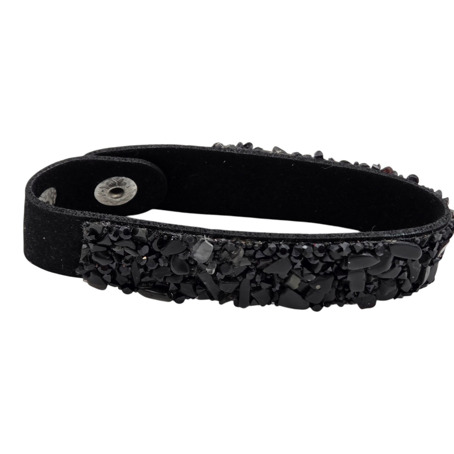Black Stone Chip & Rhinestone Suede-Look Snap Cuff Bracelet