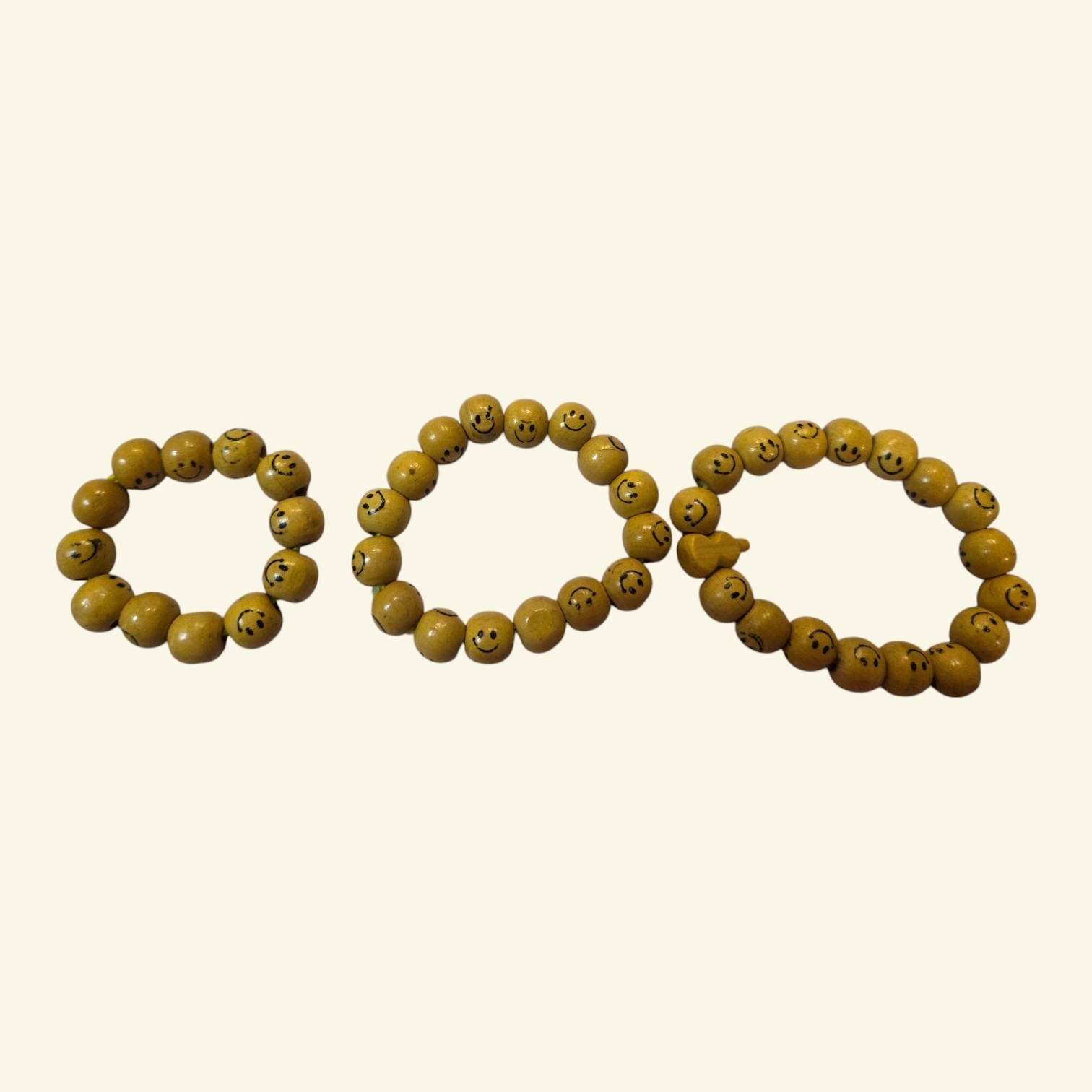 Lot of 3 Yellow Wooden Smiley Face Bead Stretch Bracelets