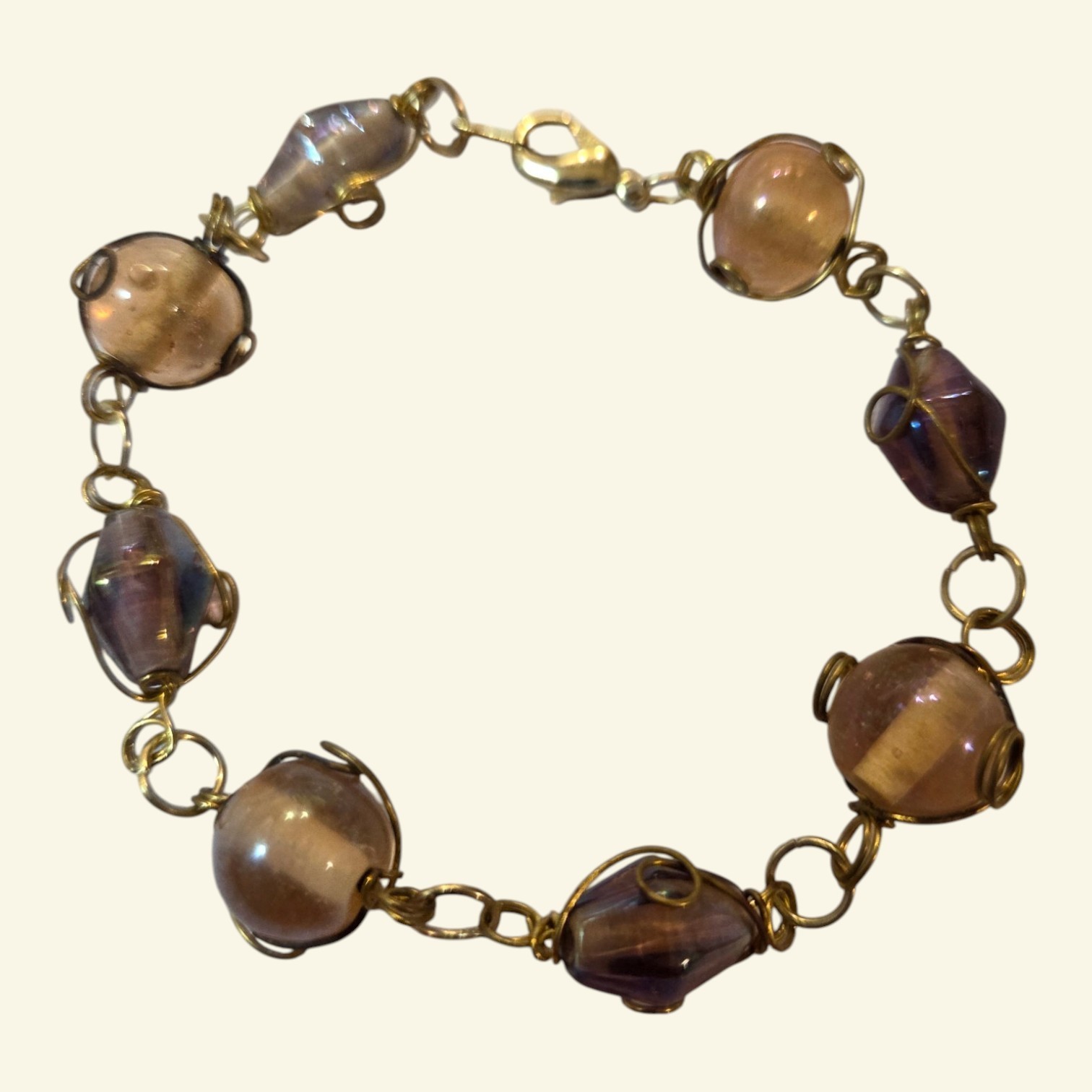 Purple & Smoky Brown Wire-Wrapped Bead Bracelet  Gold-Tone Lobster Clasp
